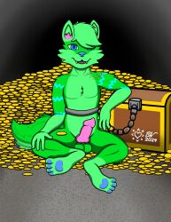 4_fingers 4_toes absurd_res anthro bad_anatomy balls_deep bite_mark blood blue_pawpads blue_stripes bodily_fluids canid canine canis cave cel_shading cel_shading_(retro) chained chains chest_tuft coin fangs fluffy fluffy_tail genitals gold_(metal) gold_coin green_body green_fur green_hair green_tail hi_res jazovyx knot male mammal one_eye_obstructed pawpads paws penetration penis pink_penis shaded signature simple_shading sitting sitting_on_floor smile solo tail teeth treasure treasure_chest treasure_hoard tuft waist_belt wolf