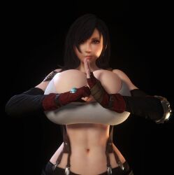 1girls 3d 3d_(artwork) abs alternate_breast_size asymmetrical_hair black_background black_hair breasts breasts_bigger_than_head cleavage clothed clothed_female enormous_breasts female female_only female_solo final_fantasy final_fantasy_vii final_fantasy_vii_remake fingerless_gloves gigantic_breasts gloves hair_over_one_eye huge_breasts long_hair looking_at_viewer red_eyes shorts solo solo_focus suspenders tifa_lockhart vaako very_long_hair