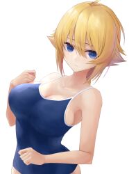 1girls ahoge bare_shoulders big_breasts blazblue blonde_hair blue_eyes braided_ponytail breasts es_(xblaze) hair_between_eyes hand_on_own_chest kaeru_(meriruou) large_breasts sideboob simple_background single_braid solo swimsuit upper_body white_background xblaze