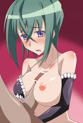 blush bra breasts censored cleavage dark-skinned_male dark_penis dark_skin elbow_gloves female gloves green_hair human kannagi_itsuki lingerie male nipples one_breast_out paizuri paopa_ship penis pointless_censoring purple_eyes short_hair sora_wo_kakeru_shoujo straight underwear