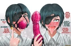 dialogue dildo dildo_gag drool drooling english_text eyepatch female female_focus femsub gag gagged_speech harness_gag himeno_(chainsaw_man) lock padlock png text tongue tongue_out yokuboart