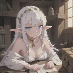 1girls ai_generated bare_shoulders blue_eyes cleavage dissappointed_look elf elf_ears elf_female elf_girl female looking_at_viewer medium_breasts sagging_breasts small_breasts stable_diffusion tagme white_hair