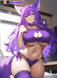 1girls :3 :p ai_generated bikini_bottom boob_window bra breasts cat_cutout collar curvy cute dog_ears dog_girl doggirl female female_only happy highres hips huge_breasts indoors kemonomimi light_skin light_skinned_female long_hair looking_at_viewer panties patreon_username petgirl purple_ears purple_eyes purple_hair purple_tail standing tagme thick_thighs thighhighs thighs thong tongue tori toriwoofs underboob watermark wide_hips wolf_ears