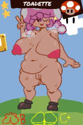 1girls big_breasts big_nipples big_thighs breasts brown_shoes chubby female female_only humanoid light-skinned_female light_skin mario_(series) mushroom mushroom_humanoid naked naked_with_shoes_on nintendo nipples no_nose nude open_mouth outdoors pink_hair pixel_art pussy sagging_breasts sassy_dolly shoes solo steam super_mario_bros. sweat thick thick_hips thick_thighs thighs toadette twintails v wide_hips wink