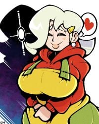 1girls 5-volt_(cosplay) big_breasts cosplay curvy large_breasts legendofnerd melony_(pokemon) old_woman pokemon pokemon_ss solo speech_bubble warioware white_hair wide_hips