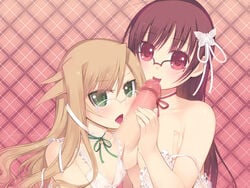 2girls areolae arima_senka arima_senne blonde_hair blush breast_grab breasts butterfly camisole censored choker cleavage collaborative_fellatio fellatio female fingernails flat_chest glasses green_eyes hair_ornament hair_ribbon highres human kashiwamochi_yomogi large_breasts lingerie long_fingernails long_hair male multiple_fellatio open_clothes open_mouth open_shirt oral original penis pink_eyes pink_hair plaid pov ribbon saliva see-through shirt siblings sisters straight strap_slip tartan teamwork tongue underwear very_long_hair