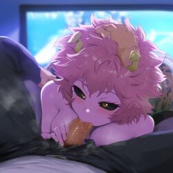 ai_generated ameanon ashido_mina blowjob blush hand_on_head living_room mina_ashido my_hero_academia night pink_hair pink_skin steam