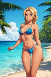 1female 1girls ai_generated beach bikini blonde_hair blue_bikini blue_bra blue_eyes bra braided_hair clouds female_focus female_only medium_breasts ocean palm_trees sand shoreline solo tanned_skin thigh_gap thin_eyebrows tropical tropical_setting wide_hips