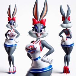 after_transformation ai_generated basketball_uniform bimbofied bow bugs_bunny cheerleader curvaceous edited feminine_pose feminization high_heels looney_tunes mtf_transformation rule_63 seductive_pose space_jam