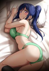 1girls about_to_be_violated ass black_thighhighs blush bra breasts closed_mouth clothing embarrassed female green_bra green_lingerie green_panties large_ass legs_together lingerie long_hair looking_at_viewer love_live! love_live!_sunshine!! lying_on_side matching_underwear matsuura_kanan medium_breasts panties pov scared sweatdrop thick_thighs wide_hips yopparai_oni