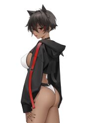 1girls ass black_hair choker dark-skinned_female earrings female female_only hair_between_eyes hair_ears highres hoodie large_breasts looking_at_viewer micchan_(ohisashiburi) ohisashiburi original original_character red_eyes short_hair sideboob slit_pupils standing thighs tomboy tongue tongue_out underwear white_background