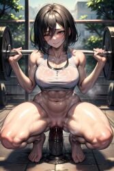 1girls abs ai_generated attack_on_titan black_hair dildo mikasa_ackerman muscular muscular_female pussy_juice shingeki_no_kyojin skybeaai squatting tank_top thick_thighs weightlifting