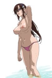 1girls almost_naked armpit beach bikini_bottom breasts brown_hair female glasses himemura_saki human light-skinned_female light_skin long_hair mari_illustrious_makinami neon_genesis_evangelion nipples open_mouth pool rebuild_of_evangelion topless topless_female walking water wet white_background