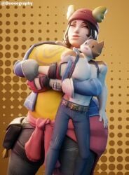 anthro beanie big_ass big_breasts big_butt brown_hair closed_eyes doonography epic_games fortnite fully_clothed fully_clothed_female giantess hug_from_behind light-skinned_female meowscles_(fortnite) skye_(fortnite)