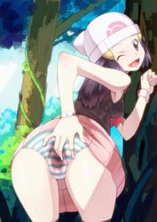 against_tree ass backpussy bent_over big_ass blue_eyes blue_hair blue_striped_panties cameltoe clothed_masturbation clothing dawn_(pokemon) female female_only happy hat human human_only looking_back masturbation nintendo open_mouth outdoors panties pantyshot pokemon pokemon_dppt purple_eyes purple_hair pussy pussy_juice ryunryun short_hair skirt skirt_lift small_breasts smile solo spread_pussy spread_pussy_under_clothes straight_hair striped striped_panties tree uncensored underwear vagina wet wet_panties wink