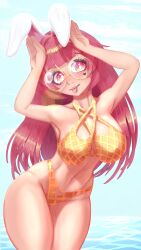 1girls animal_ears arms_up big_breasts bikini blush clouds day female female_focus female_only front_view glasses highres indie_virtual_youtuber just_4ngels latam_virtual_youtuber light-skinned_female light_skin long_hair looking_at_viewer miku_pinku ocean pink_eyes pink_hair rabbit_ears rabbit_girl standing standing_in_water summer swimsuit thong thong_bikini tongue tongue_out virtual_youtuber vtuber vtuberfanart water yume_girls!