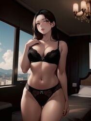 1girls ai_generated ai_mirror arm_up bed bedroom belly_button black_underwear blush brown_eyes brown_hair buildings chandelier hand_over_breast lamp light_skin long_hair looking_at_viewer medium_breasts seductive seductive_look standing underwear window