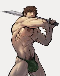 1boy abs brown_hair bulge character_request male_focus male_only muscle pecs solo sweat sword topless underwear wallyandpeeps weapon