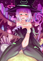 anal anal_cowgirl bare_shoulders blush book breasts cadie censored cleavage clothed_sex cowgirl_position cum cum_in_mouth cum_on_body cum_on_upper_body detached_sleeves elf green_eyes hat nail_polish naughty_face navel pangya pointy_ears pubic_hair purple_hair pussy scroll sex short_hair wand witch witch_hat yosigoru