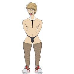 1boy blonde_hair blonde_hair_male blurdevil chainsaw_man color colored denji_(chainsaw_man) exposed_nipples femboy femboy_focus looking_at_viewer male_only open_mouth panties self_upload sharp_teeth shoes short_hair sketch smiling smiling_at_viewer tagme tongue_out