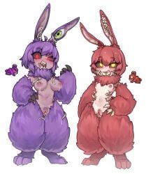 2girls anthro anthro_only black_sclera blush body_horror breasts bunny bunny_ears bunny_girl crazy crazy_eyes exposed_breasts exposed_pussy female female_focus female_only fluffy fur multiple_girls nipples nyong_nyong open_mouth petite purple_fur rabbit rabbit_girl rabbit_humanoid red_eyes red_fur sharp_teeth small_breasts tentacle terraria unshaved_pussy white_background yellow_eyes