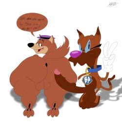 anthro anthro_on_anthro anus balls big_ass big_butt big_penis blastprocessing16 brown_fur bubble_ass bubble_butt canid canine cartoony gay_sex hanna-barbera happy_face hat hi_res hokey_wolf mammal original_character paws penis sex smile tail text text_bubble the_huckleberry_hound_show whiskers wolf