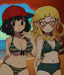 2girls ai_generated bangs baseball_cap beach_background bikini black_eyes black_hair blonde_hair blush cleavage dark_lighting earthbound earthbound_(series) female female_only freckles glasses green_bikini hidden_eyes jeff_andonuts looking_at_viewer medium_breasts messy_hair mother_2 ness nintendo pale_skin pixai red_cap rosy_cheeks rule_63 small_breasts striped_bikini