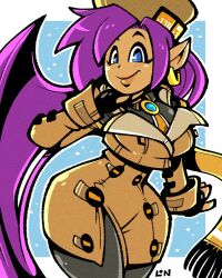 1girls blue_eyes brown_skin cosplay guilty_gear legendofnerd millia_rage pointy_ears purple_hair shantae shantae_(character) solo thick_thighs thighs wide_hips