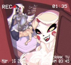 1boy 2girls big_ass big_breasts camera_view casual casual_nudity charlie_morningstar_(hazbin_hotel) crankodile cum deep_penetration demon demon_girl female hazbin_hotel huge_cock hyper_penetration hyper_penis hyper_stomach_bulge nude penetration penis pov sex small_dom small_dom_big_sub stomach_bulge teasing vaggie_(hazbin_hotel)