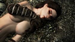 1girls after_rape armored_gloves asleep breasts breasts_out brown_hair female gloves gloves_only hunter lipstick makeup naked naked_female no_clothes nord serana's_wardrobe skyrim sleeping tattoo tattoo_on_face tattoos unknown_character