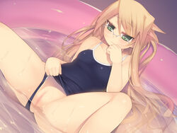 arima_senka blonde_hair blush censored dutch_angle embarrassed female female_only flat_chest glasses green_eyes highres human kashiwamochi_yomogi long_hair lying on_back one-piece_swimsuit original pussy solo spread_legs submerged swimsuit swimsuit_aside very_long_hair wading_pool water wet