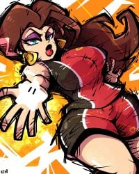 1girls blue_eyes brown_hair earrings eyeshadow female female_only half-closed_eyes legendofnerd lips lipstick long_hair looking_at_viewer mario_(series) mario_strikers nintendo pauline pauline_(mario) purple_eyeshadow red_lipstick soccer_uniform solo tagme thighs wide_hips