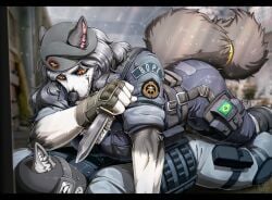 1boy 1girls anthro big_breasts brazilian brazilian_female breasts caveira_(rainbow_six) female female_domination femdom furry interrogation janjin192 knife rainbow_six rainbow_six_siege sfw tail thick_thighs wide_hips