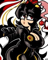 1girls bayonetta bayonetta_(character) black_hair breasts cleavage cosplay curvy filia_(skullgirls) glasses legendofnerd red_eyes skullgirls solo thighs wide_hips