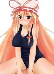 blonde_hair blue_eyes blush breasts cleavage clothed_sex cowgirl_position female girl_on_top grin hat highres large_breasts male male_pov naughty_face ocha_(ochappie) one-piece_swimsuit pov sex smile smirk straddle straight sweat swimsuit swimsuit_aside thighs touhou yukari_yakumo