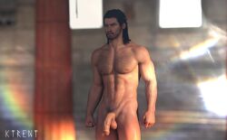 1boy 1human 1male 3d 3d_(artwork) 3d_model alexios assassin's_creed_(series) assassin's_creed_odyssey brown_eyes brown_hair hairy hairy_body hairy_male indoor_nudity indoors ktrent light-skinned_male light_skin male male_focus male_only male_solo muscles muscular muscular_male solo solo_focus solo_male ubisoft veiny_penis