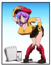 2019 beret big_ass big_breasts big_butt boots catty-n_(character) clothed digital_drawing_(artwork) digital_media_(artwork) female female_focus female_only gloves huge_breasts human kojiro-brushard looking_at_viewer original_character original_characters paintbrush pills purple_hair red_boots redraw