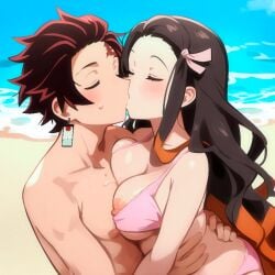 1boy 1girls ai_generated areolae beach bikini black_hair blush bra breast_press breasts brother_and_sister brown_hair closed_eyes demon_slayer female incest kamado_nezuko kamado_tanjirou kimetsu_no_yaiba kissing light-skinned_female light-skinned_male light_skin long_hair losforry_custom male medium_breasts nipples ocean pink_bikini pink_bra sand short_hair straight