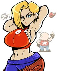 1boy 1girls android_18 arm armpits blonde_hair blue_eyes blue_mary blue_mary_(cosplay) breasts curvy dragon_ball dragon_ball_z king_of_fighters krillin kuririn legendofnerd navel snk solo_focus terry_bogard terry_bogard_(cosplay) wide_hips