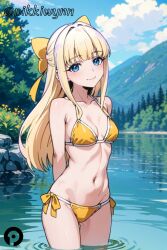 ai_generated arms_behind_back bangs bikini blonde_hair blue_eyes blue_sky bow breasts closed_mouth cloud collarbone cowboy_shot day female hairbow halterneck long_hair looking_at_viewer mahou_shoujo_ni_akogarete navel outdoors pikkiwynn side-tie_bikini_bottom sky small_breasts smile solo standing stomach string_bikini swimsuit tenkawa_kaoruko wading water yellow_bikini yellow_bow