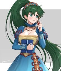 1girls alternate_costume artist_name bad_id bad_twitter_id blue_dress blush box breasts cleavage closed_mouth collarbone commentary detached_sleeves dress earrings english_commentary female female_only fire_emblem fire_emblem:_the_blazing_blade fire_emblem_heroes gift gift_box gonzarez green_eyes green_hair hair_ornament hand_up highres holding jewelry large_breasts lips long_hair long_sleeves looking_away lyn_(fire_emblem) lyn_(valentine)_(fire_emblem) mixed-language_commentary official_alternate_costume ponytail puffy_sleeves signature simple_background solo upper_body