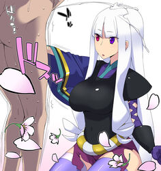 1boy 1girls ball_punch ballbusting bondage breasts color cum cum_explosion cum_on_hair ejaculation female femdom handjob heterochromia katanagatari large_breasts long_hair male malesub ogata_mamimi ouch penis petals punching small_penis tamakeri thighhighs togame white_hair