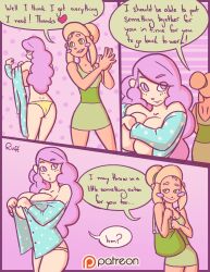 2girls big_breasts bobbi_(ruffsketches) breasts comic comic_page multiple_girls oc original_character panties pink_eyes pink_hair ruffsketches_(artist) text text_bubble