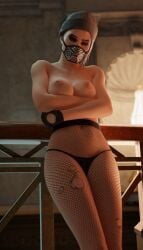 arms_crossed beanie beanie_hat belt black_panties breasts crossed_arms dare dbd dead_by_daylight erect_nipples female female_only fishnets gloves leaning leaning_back mask masked masked_female nea_karlsson panties pressing_breasts_together saltyu