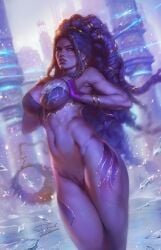 black_hair blue_eyes blurry blurry_background bottomless bracelet breasts colored_skin dreadlocks earrings female final_fantasy final_fantasy_x fingerless_gloves gloves hands_on_own_chest highres ice jewelry large_breasts lips looking_at_viewer navel parted_lips purple_gloves purple_skin pussy shiva_(final_fantasy) solo tixnen uncensored