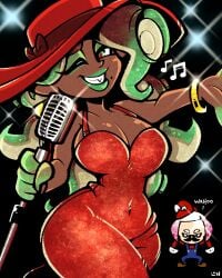 1girls cosplay covered_navel curvy dark-skinned_female dark_skin green_eyes green_hair legendofnerd marina_(splatoon) mario_(cosplay) mario_(series) microphone off_the_hook_(splatoon) pauline_(mario)_(cosplay) pearl_(splatoon) red_dress solo_focus splatoon super_mario_odyssey wide_hips