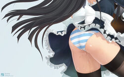 alternate_costume apron ass black_hair blue_striped_panties cum cum_inside cumdrip dress enmaided female female_only ffyak head_out_of_frame highres human human_only k-on! long_hair maid mio_akiyama_(k-on!) panties pussy_juice shimapan solo striped striped_panties thighhighs underwear upskirt wallpaper