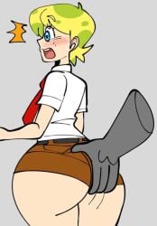 1boy ass_grab blonde_hair blue_eyes blush disembodied_hand fat_ass femboy freckles grabbing_ass grabbing_from_behind human humanized jammedvhs nickelodeon open_mouth spongebob_squarepants spongebob_squarepants_(character) surprised tagme thick_thighs wide_hips