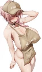 akisuko apron apron_only armpits big_breasts cap crotch fangs hip_bones hips huge_breasts indie_virtual_youtuber kuramekira large_breasts mature_female mommy mommy_kink naked_apron nipple_outline nipples older older_female one_eye_covered ponytail sideboob uniform virtual_youtuber vtuber waist