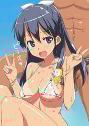 +cute_fang black_hair blue_eyes blush bow breasts censored character_censor cute_fang dark-skinned_male dark_penis dark_skin doraemon dorami double_v female femdom ganaha_hibiki hairbow idolmaster interracial male navel novelty_censor open_mouth penis sweat takayaki tan tanline v
